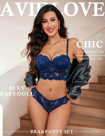 Avidlove Комплект спідньої білизни для жінок: бюстгальтер з кісточками, мереживна пікантна білизна, babydoll, нічна сукня, чорний (M, блакитний)