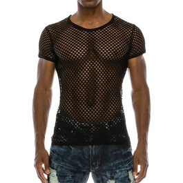 Чоловіча футболка з сітки, стильна, на короткий рукав, для клубу та вечірок, streetwear, чорна, XXL