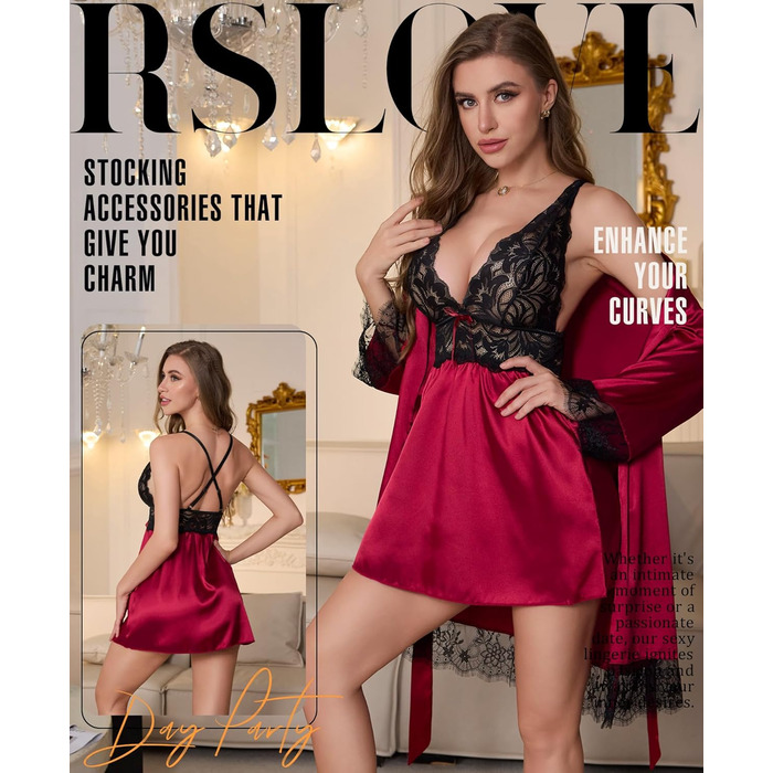 Сексуальна нічна сорочка Babydoll RSLOVE з мереживом та атласу, бордовий, розмір XXL