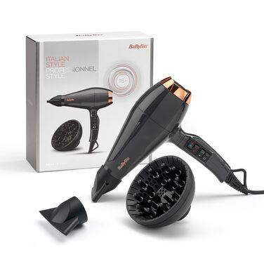 Професійний фен для волосся BaByliss Italian Air Pro 6719DE з дифузором, 2200 Вт, іонізація Anti-Frizz, 2 режими температури та швидкості, чорний