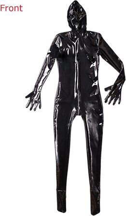 Комбінезон чоловічий блискучий PVC шкіра, костюм кота, повний боді з блискавкою, catsuit з рукавичками, чорний, XL