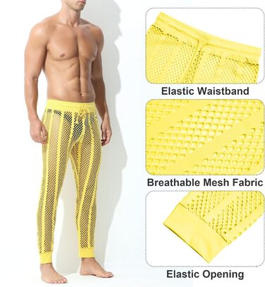 Чоловічі прозорі штани FEOYA з сітки, леггінси, піжама, сексуальна прозора сітка, спортивні шорти, нижня білизна, штани з шнурком (XL, жовтий)