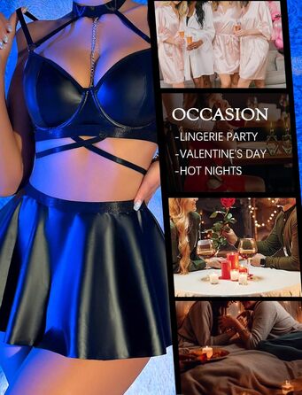 Костюм Adigau Dessous з екошкіри: бюстгальтер, трусики, мініспідниця. Чорний набір для клубів та вечірок з ланцюжком