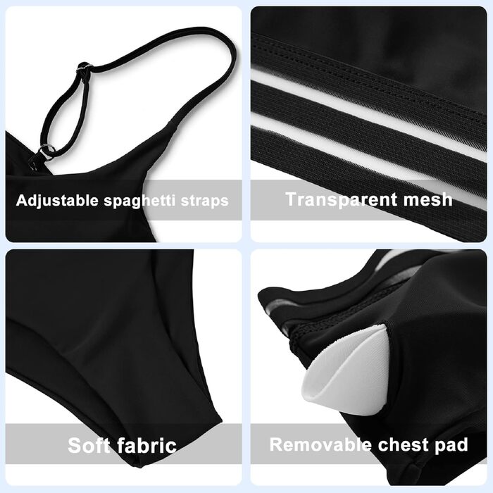 Спортивний двочастинний купальник-бікіні з сіткою для жінок. Push-up, висока талія, чорний.