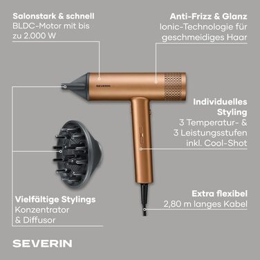 Фен для волосся Severin HT 0172 S-Style з іонізацією та анти-фриз ефектом, 2000 Вт, 3 температури та 3 рівні потужності, з концентратором та дифузором, бронзовий/чорний