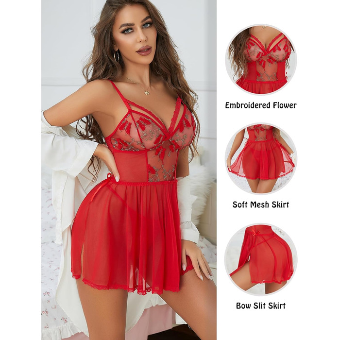 Жіноча мереживна піжама-бабідол Aranmei exy, мереживний комплект, нічна сорочка, прозора сорочка, мереживний тілесний костюм для сну, червоний, розмір M