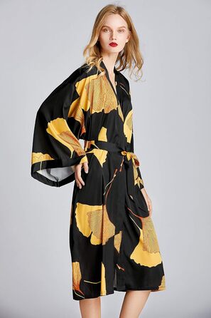 Жіночий халат-кімоно з довгим рукавом з атласу, принт листя гінкго, для нареченої/свідки, універсальний розмір, чорний