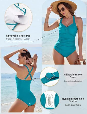 Купальник жіночий Nadeer Badeanzug великих розмірів з високою талією, Push Up, V-подібний виріз, спортивний, блакитний, розмір S