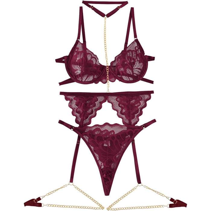 Сексуальний комплект нижньої білизни Lilosy з чокером, мереживний з квітковим візерунком, Push-up, стрінг, для жінок, прозорий бюстгальтер та труси, 3-частини (XXS, ланцюжок Бордовий)
