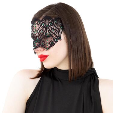 Чорна мереживна маска для жінок з кристалами - елегантна венеціанська маска для карнавалу, вечірки в готичному стилі, косплею, свята - ручної роботи (чорний колір, зелені стрази)