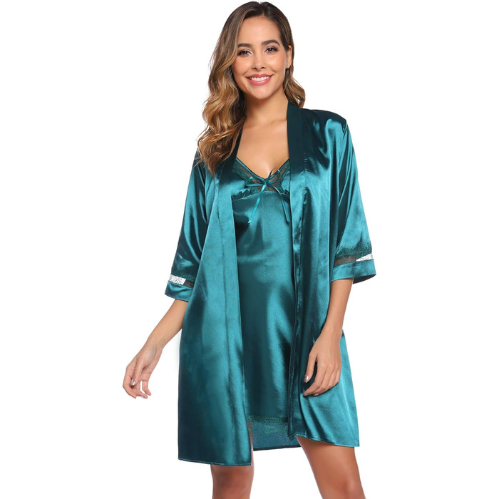 Сексуальний шовковий халат-кімоно Sykooria для жінок, комплект з 2 шт. (халат та нічне сорочка), V-подібний виріз, з поясом, для свята, білий/темно-зелений, XXL