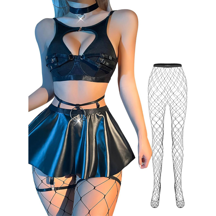 Комплект жіночої білизни Lilosy: панчіхони, чокер, ремінець, бюстгальтер з під підняттям, спідниця, чорний, XXS