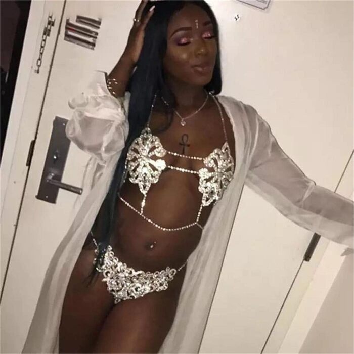 Жіноча тілесна прикраса Vnook: сяюча кристальна мерехтлива тілесна ланцюжок для бюстгальтера та трусиків, мерехтлива біжутерія для декорування тіла