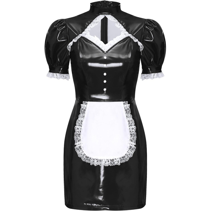 Костюм покоївки Inhzoy з ефектом вологого блиску, мереживо, шкіра, чорний. Комплект: сукня та фартух. Ідеально для карнавалу, косплею, вечірок. Розмір XXL