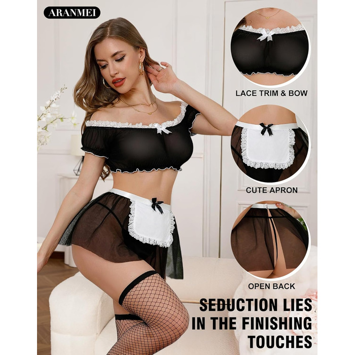Сексуальна білизна Aranmei для жінок: мереживний комплект, прозорий, для косплею, 4 предмети (з панчохами), чорний, XXL