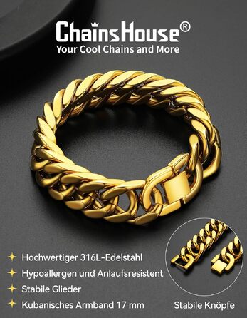 Чоловічий сталевий браслет-ланцюг Panzer від ChainsHouse, золотий, ширина 17мм, довжина 19см — стильний хіп-хоп аксесуар у подарунковій коробці