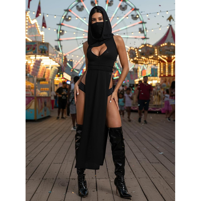 Жіноче прозоре готичне плаття Aucute з капюшоном та без рукавів, чорне, для Хелловіну, фестивалів EDM/Rave