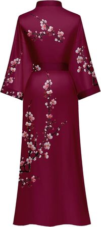 Жіночий халат з довгим рукавом з шовку, сатин, кімоно, квітковий принт, універсальний розмір (квіт павловнія, винний)