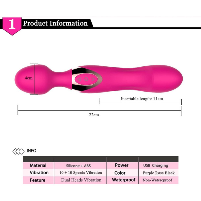Масажний стрижень JFRong з силікону з двома головками, 10 режимів вібрації, масажер для жінок (клітора та G-точки), стимулятор з двома моторами, секс-іграшка для чоловіків, жінок, пар (рожевий)