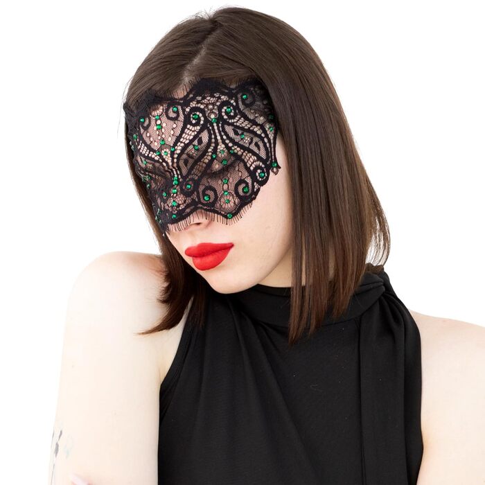 Чорна мереживна маска для жінок з кристалами - елегантна венеціанська маска для карнавалу, вечірки в готичному стилі, косплею, свята - ручної роботи (чорний колір, зелені стрази)