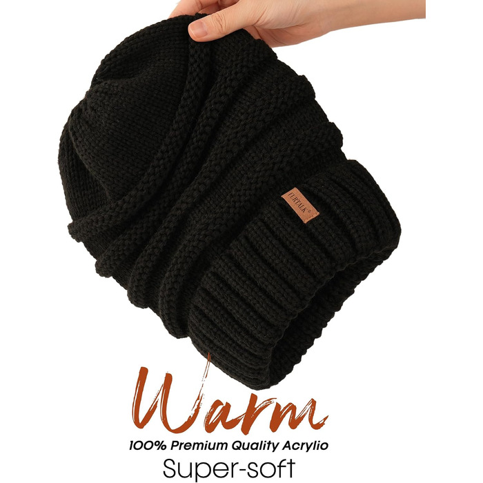 Жіноча в'язана шапка-біні FURTALK Slouch Beanie у стилі street style, груба в'язка, м'яка зимова шапка, універсальний розмір, чорна