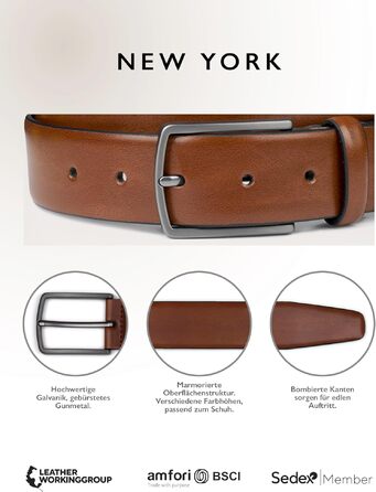 Чоловічий шкіряний ремінь FENIX NEW YORK Desert Cognac (95 см), ширина 35 мм, гіпоалергічна пряжка, регульований та екологічний, для костюма та джинсів
