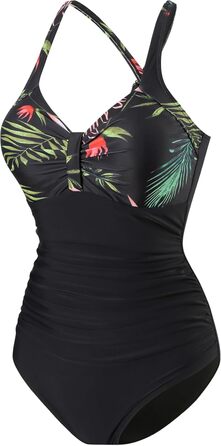 Купальник жіночий Laorchid Monokini з високою талією, корегуючий, з V-подібним вирізом, чорний, з рослинним принтом