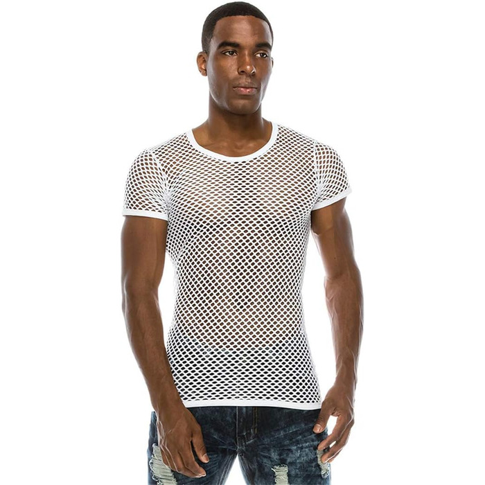 Чоловіча футболка з сітки, стильна, на короткий рукав, для клубу та вечірок, streetwear, чорна, XXL