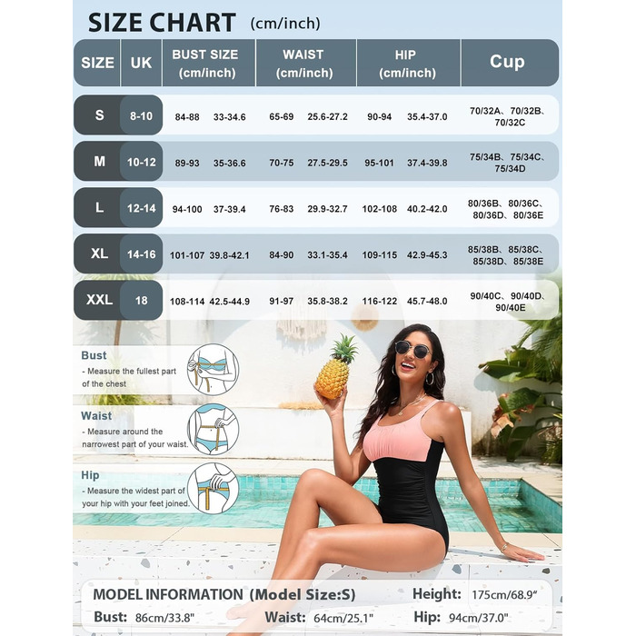 Одноцільний купальник Vancavoo з пуш-ап, корегуючий, з відкритим спиною, рюшами та V-подібним вирізом (M, Рожевий + Чорний)