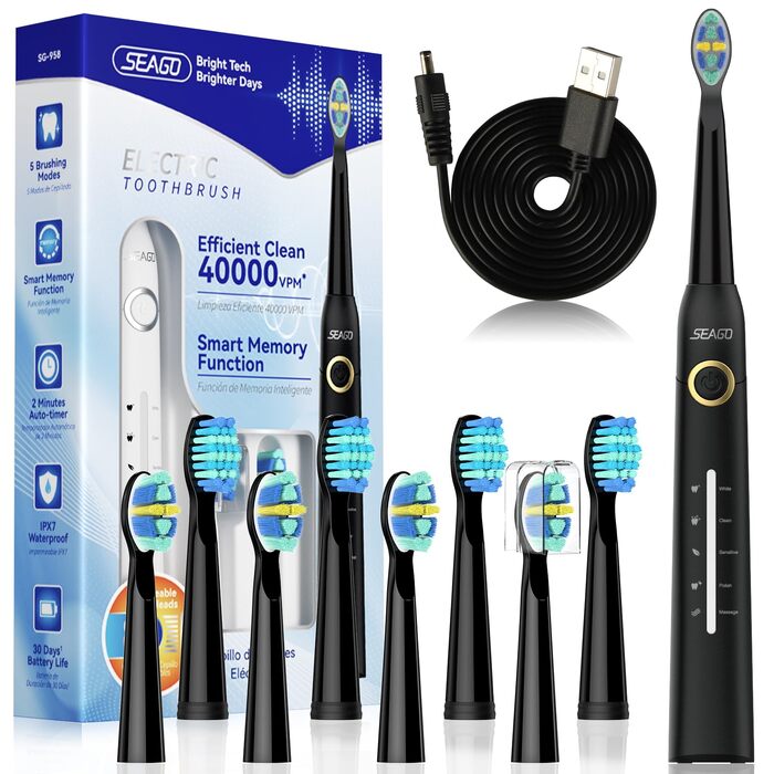 Електрична сонічна зубна щітка Seago SG-958, 40000 VPM, 5 режимів роботи, USB-зарядка, 8 змінних насадок, чорна