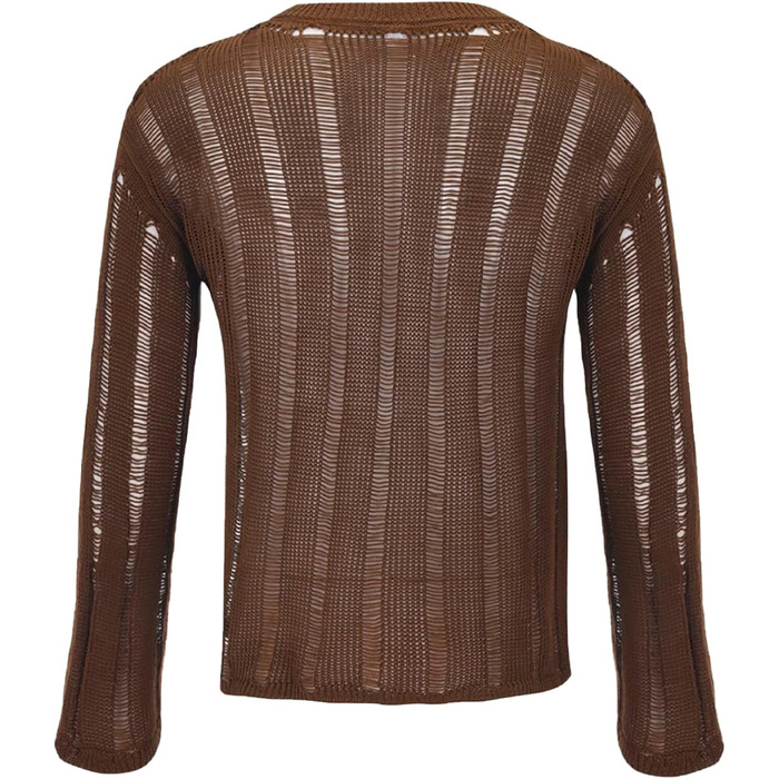 Чоловіча прозора сорочка AIEOE: мереживна сорочка з довгим рукавом для клубу, колір: коричневий