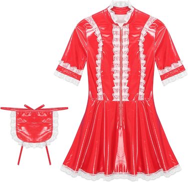 Костюм горничної FEESHOW з вологого блиску, сукня та фартух, французький костюм служниці, карнавальний костюм, костюм для вечірки (XXL, Червоний)
