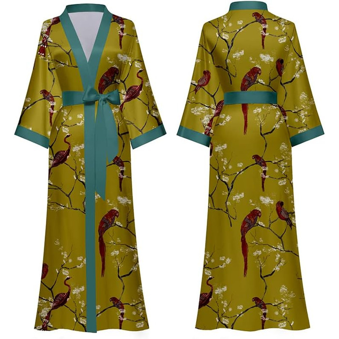 Жіночий халат з атласу, максі, довгий, шовковий кімоно, сукня з квітковим принтом, легкий халат, літня роба, піжама, для вечірок (універсальний розмір, жовтий)