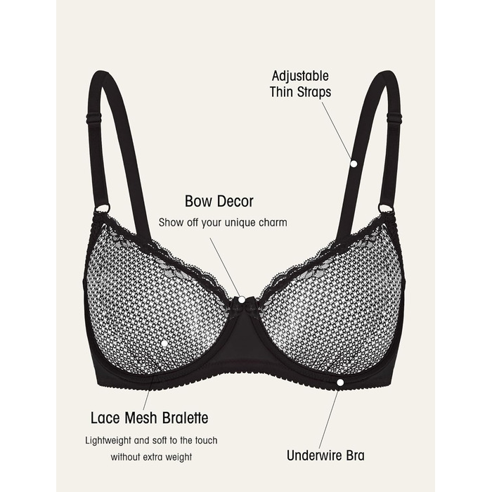 Чорний мереживний балконетний бюстгальтер Wingslove 85B з кісточками, м'який, з сіткою, без вставок