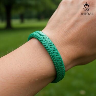 Чоловічий шкіряний браслет UNIQAL 'BRAID' з нержавіючої сталі, плетений, чорний з зеленим, 21 см (у подарунковій коробці)