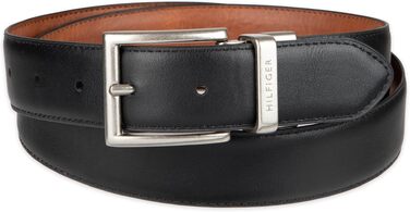 Двосторонній шкіряний ремінь Tommy Hilfiger для чоловіків, Casual для джинсів, срібляста пряжка, колір Коньяк/Чорний, розмір 46-48
