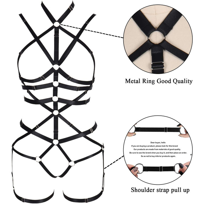 Комплект корсет, бра та стрінг з ремінцями для тіла, чорний, готичний стиль