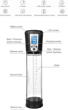 Електрична вакуумна помпа для збільшення статевого члена з акумулятором, LCD дисплеєм - 20см Ø7см - для чоловіків, допомога при еректильній дисфункції, тренування потенції