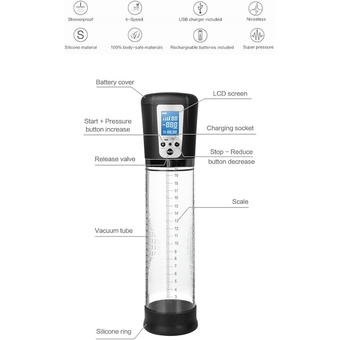 Електрична вакуумна помпа для збільшення статевого члена з акумулятором, LCD дисплеєм - 20см Ø7см - для чоловіків, допомога при еректильній дисфункції, тренування потенції