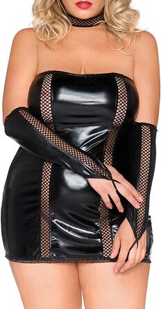 Andalea Еротична жіноча піжама XXL з ефектом мокрого блиску, чорна сукня-комбінезон з шнурівкою, комплект з халатом та рукавичками, розмір 38-40