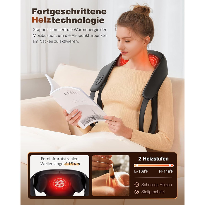 Бездротовий масажер для шиї та плечей KNQZE Shiatsu 4D з функцією підігріву, чорний (стандарт)