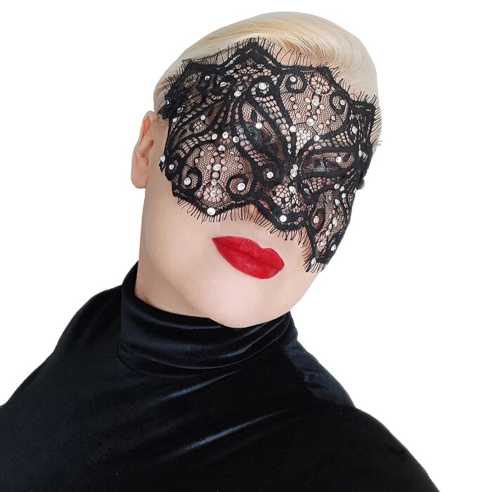 Чорна мереживна маска для жінок з кришталевими стразами - елегантна венеціанська маска для маскараду, готичної вечірки, косплею, карнавалу та особливих подій - ручної роботи, чорна маска для жінок (з прозорими стразами)