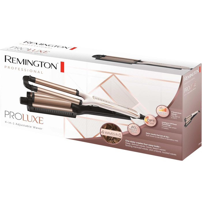 Мультистайлер 4-в-1 Remington ProLuxe CI91AW для завивки та гофре: плойка для пляжних та природних хвиль, цифровий дисплей, регулювання температури до 210°C, колір Біла троянда