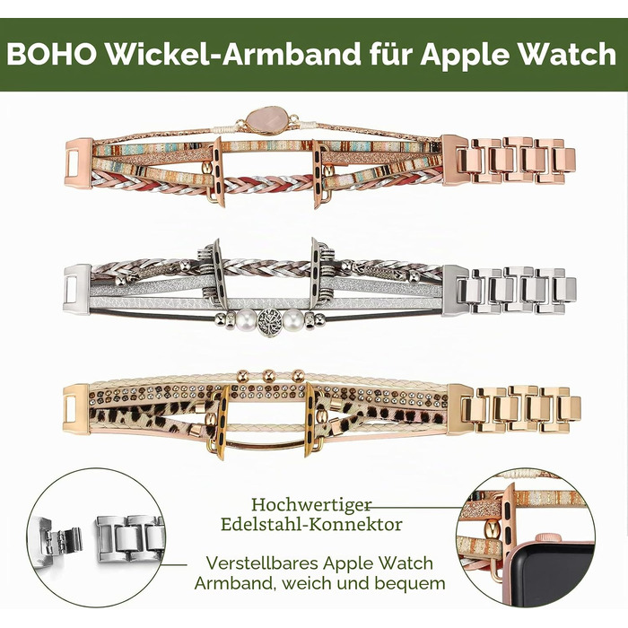 Шкіряний ремінець Boho для Apple Watch 38/40/41/42/44/45/46/49мм, багатошаровий браслет для iWatch Series 11 10 9 8 7 6 5 4 3 2 1 SE Ultra 1 2 3, рожевий
