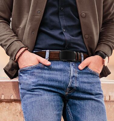 Набір шкіряних чоловічих ременів KEMISANT (2 шт), автоматична пряжка, ширина 35 мм, регульований розмір 115 см, колір чорний та темно-коричневий