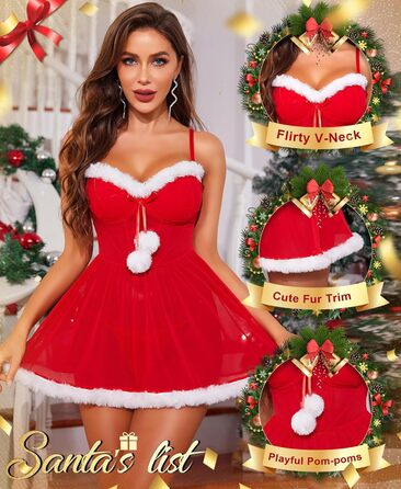 RSLOVE Сексуальна новорічна білизна для жінок - ніжна сорочка з помпонами з штучного хутра, святкова білизна, костюм XXL, червоний