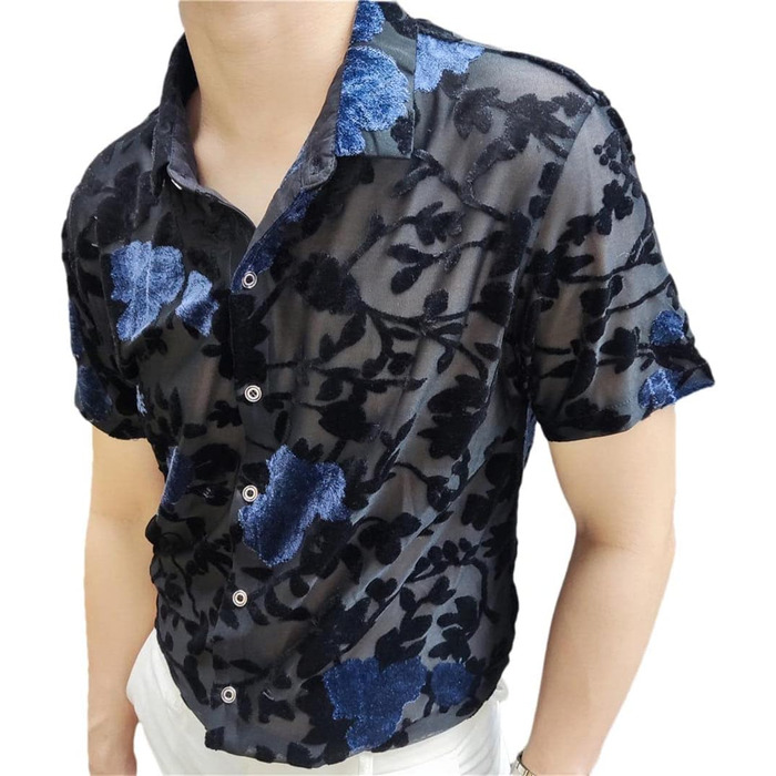 Чоловіча сорочка Deepsko з вишивкою, мереживна, прозора, мереживна сітка, топ для вечірок (EU S-M 65-72KG T1, Блакитний)