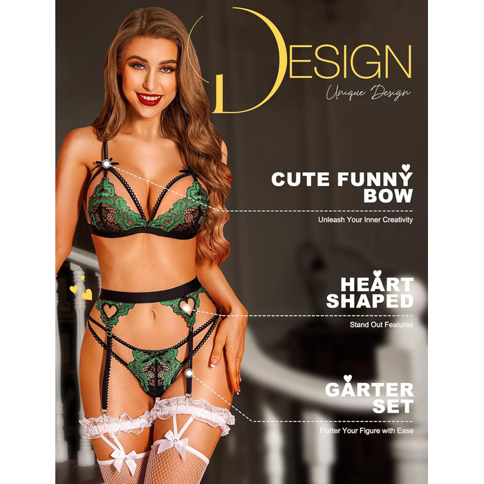 RSLOVE Комплект спідньої білизни для жінок: мереживний тіффані, боді, стринги (3 шт.) - чорний, L