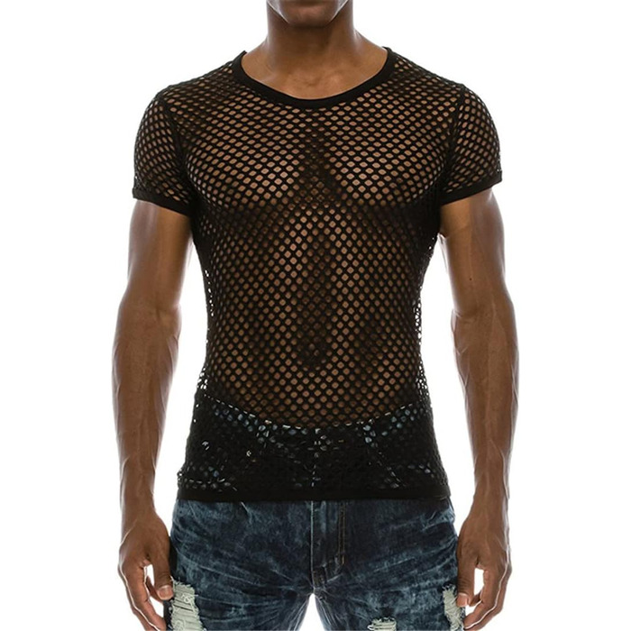 Чоловіча футболка з сітки, стильна, на короткий рукав, для клубу та вечірок, streetwear, чорна, XXL