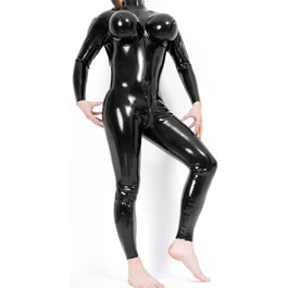 Чорний латексний комбінезон унісекс з 3D-надувною грудьми та блискавкою в зоні промежини. Комплект без рукавичок. Одноцільний боді, облягаючий, для вечірок, глянцевий, XL.